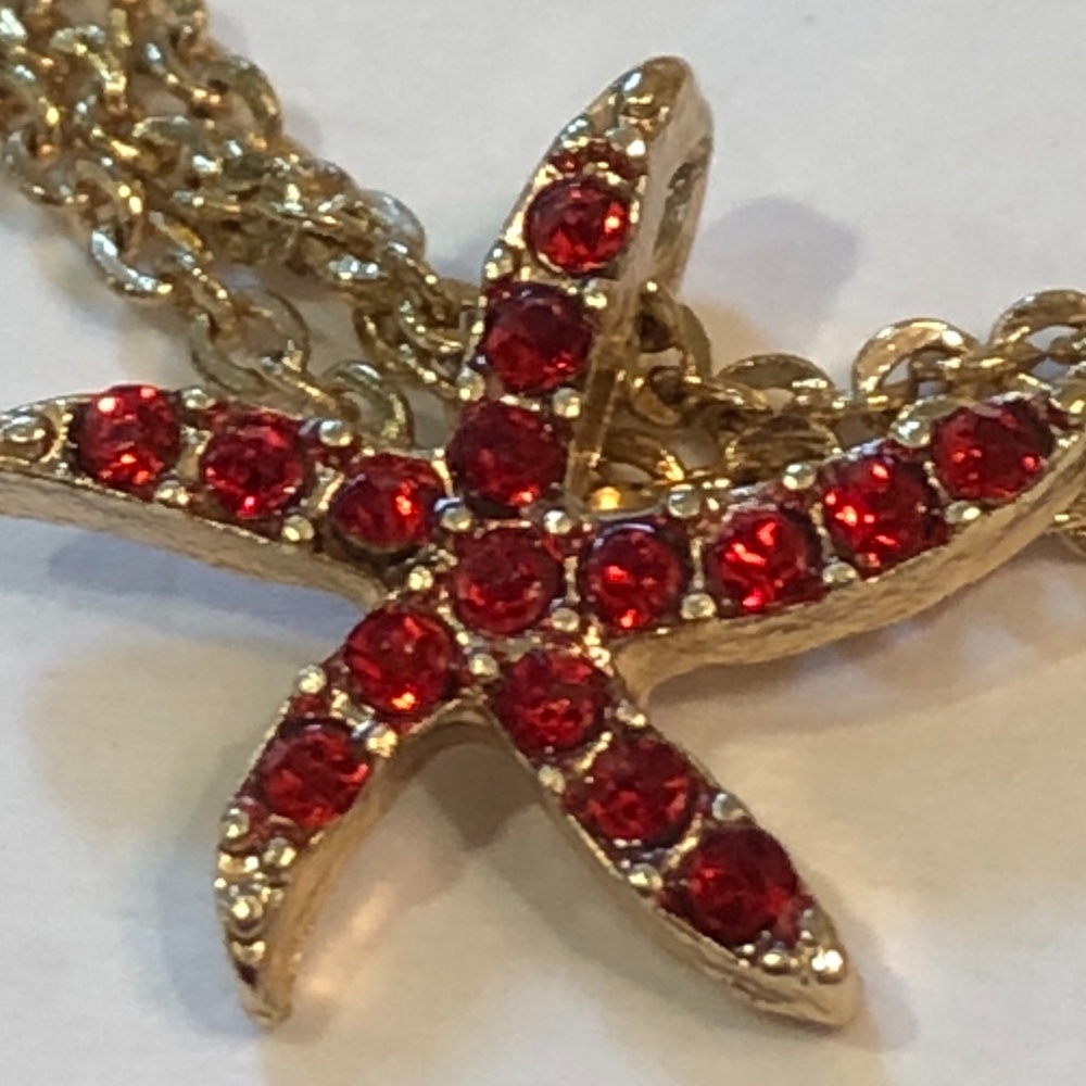 NEW red rhinestone gold dainty STARFISH necklace